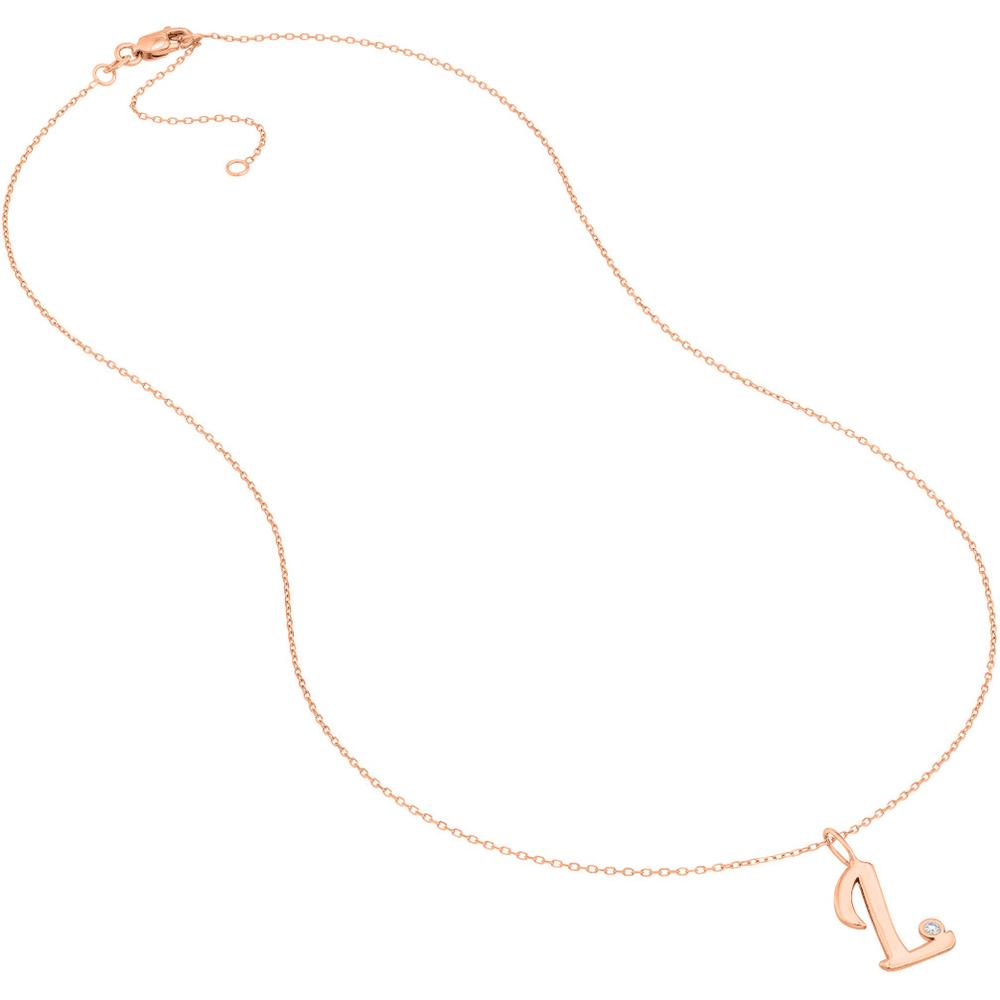 Olas d'Oro - 14K Rose Gold Script 'L' Necklace with Diamond Bezel Pendant - 0.02 Carat Diamond Weight