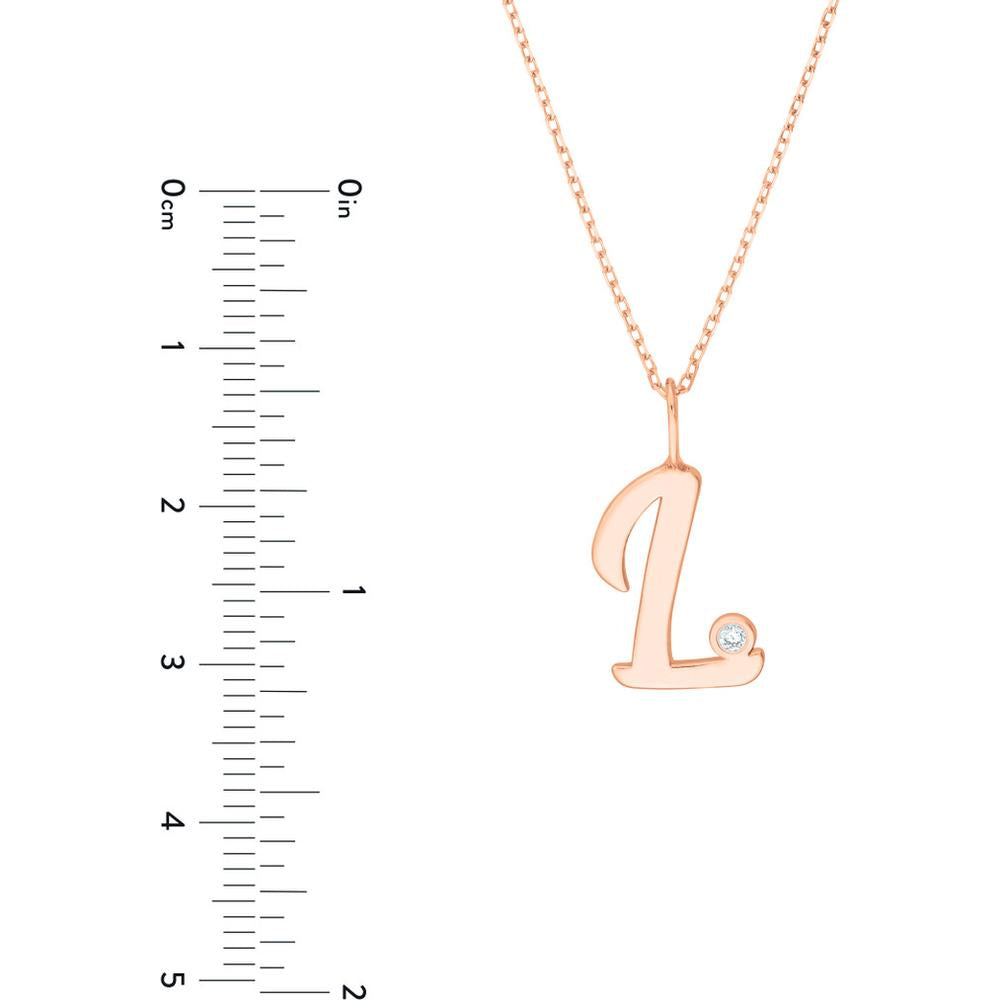Olas d'Oro - 14K Rose Gold Script 'L' Necklace with Diamond Bezel Pendant - 0.02 Carat Diamond Weight