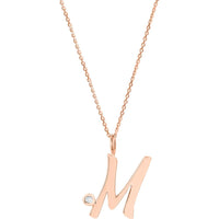 Olas d'Oro - 14K Rose Gold Script 'M' Pendant Necklace with 1.7mm Diamond Bezel - 0.02 Carat Total Diamond Weight