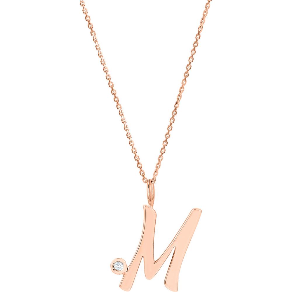 Olas d'Oro - 14K Rose Gold Script 'M' Pendant Necklace with 1.7mm Diamond Bezel - 0.02 Carat Total Diamond Weight