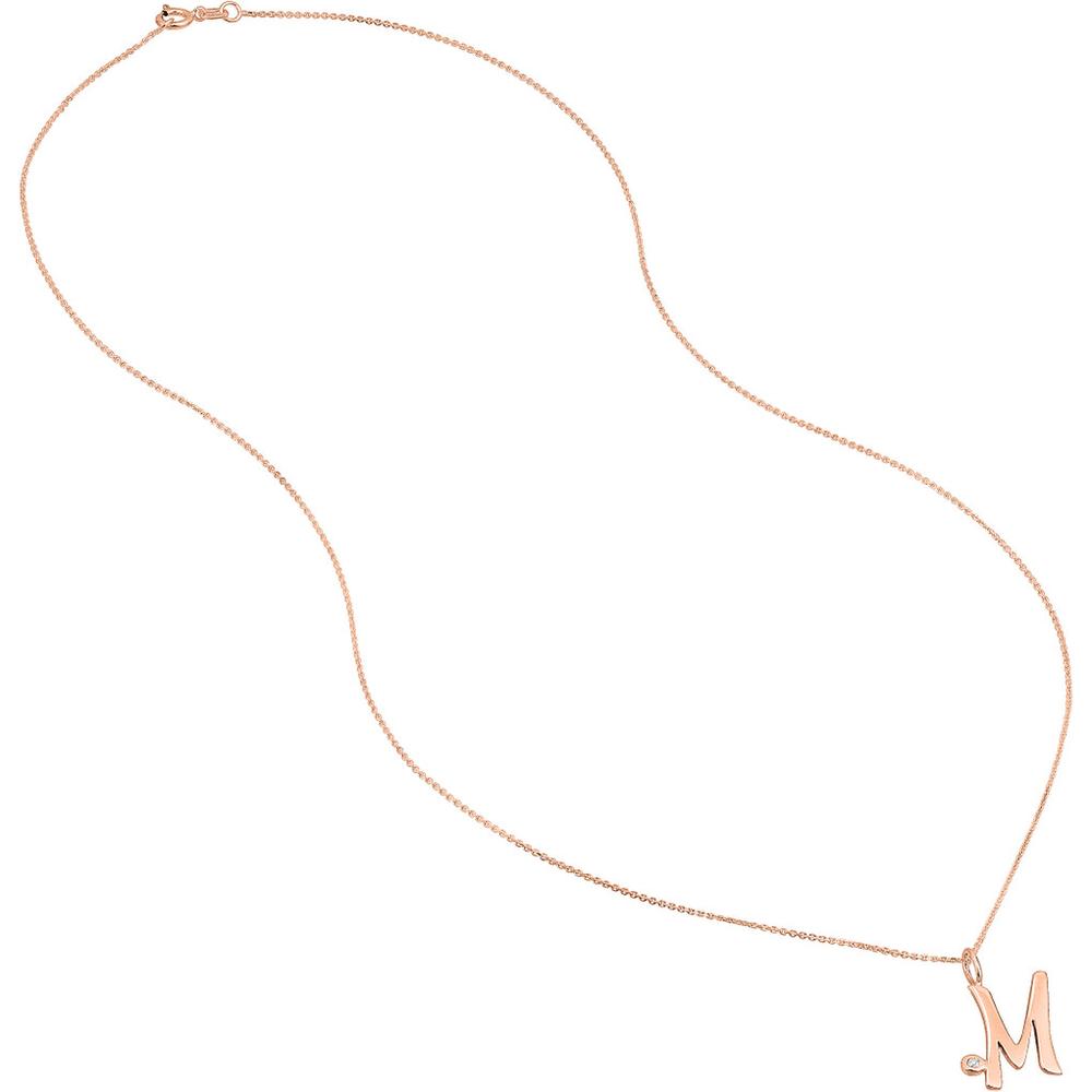 Olas d'Oro - 14K Rose Gold Script 'M' Pendant Necklace with 1.7mm Diamond Bezel - 0.02 Carat Total Diamond Weight