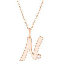 Olas d'Oro - 14K Rose Gold Script 'N' Pendant Necklace with Diamond Bezel - 0.02 Carat Total Diamond Weight