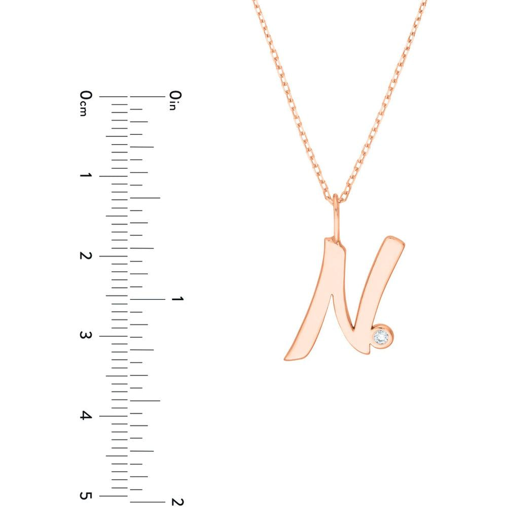 Olas d'Oro - 14K Rose Gold Script 'N' Pendant Necklace with Diamond Bezel - 0.02 Carat Total Diamond Weight