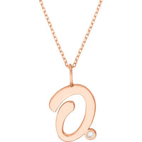 Olas d'Oro - 14K Rose Gold Script 'O' Pendant Necklace with 1.7mm Diamond Bezel - 0.02 Carat Total Diamond Weight