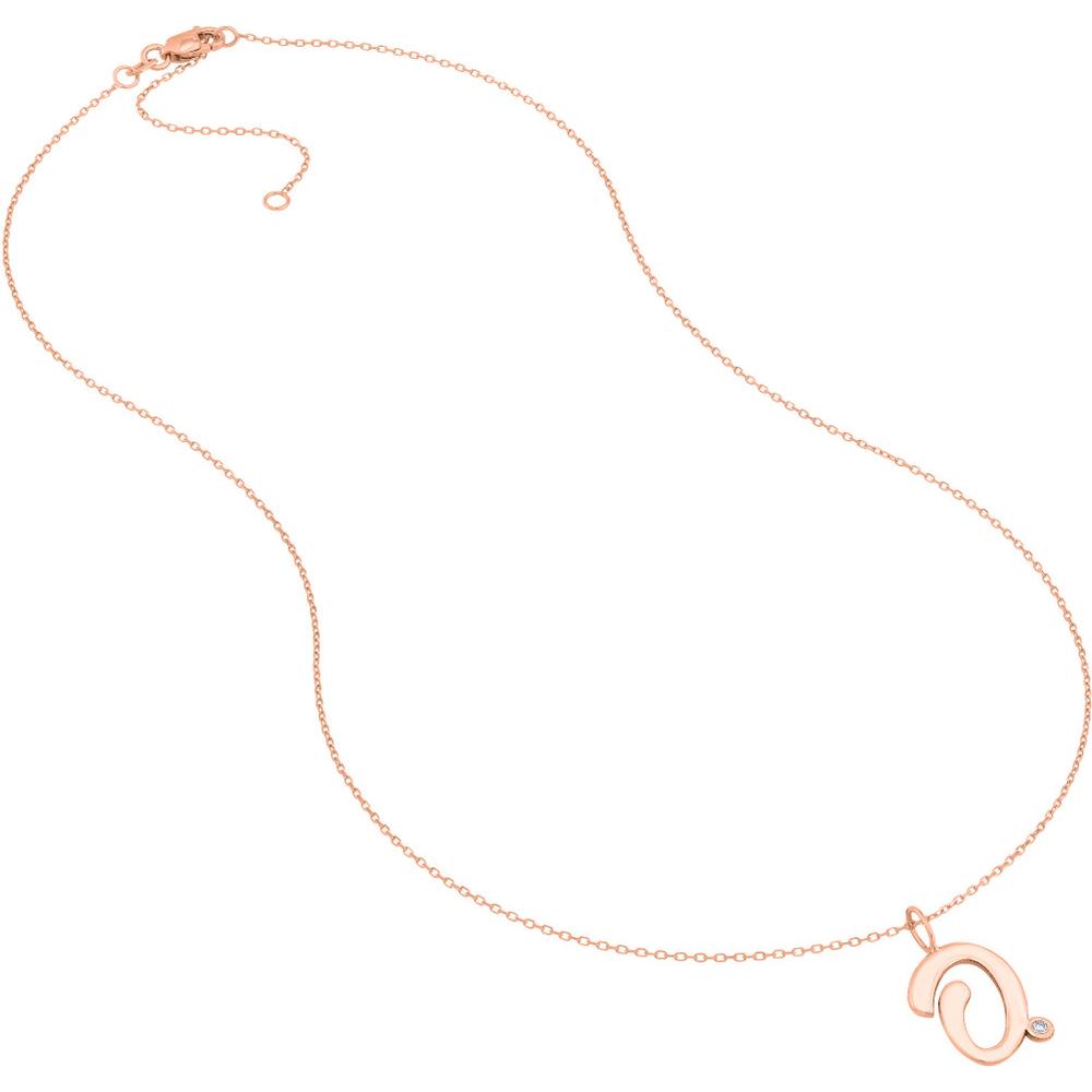 Olas d'Oro - 14K Rose Gold Script 'O' Pendant Necklace with 1.7mm Diamond Bezel - 0.02 Carat Total Diamond Weight