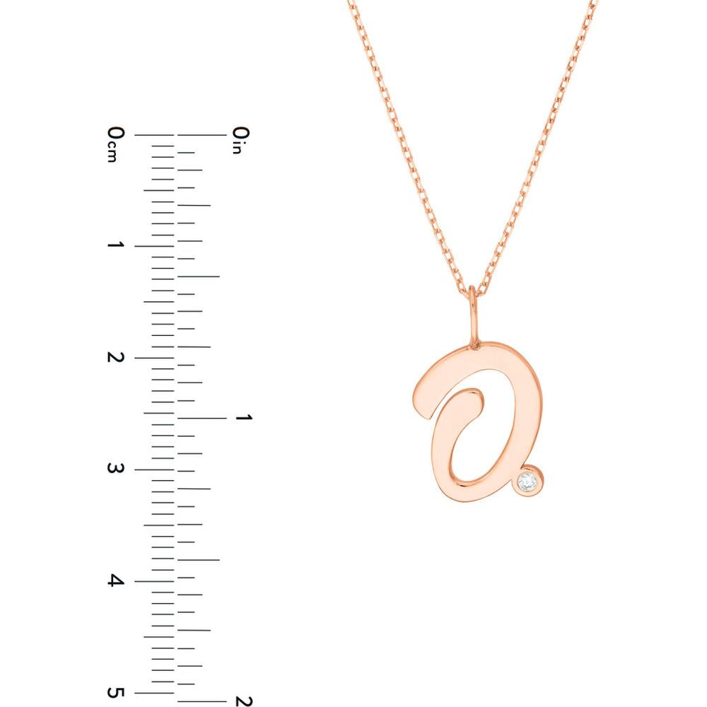 Olas d'Oro - 14K Rose Gold Script 'O' Pendant Necklace with 1.7mm Diamond Bezel - 0.02 Carat Total Diamond Weight