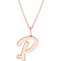 Olas d'Oro - 14K Rose Gold Script 'P' Diamond Bezel Pendant Necklace - 0.02 Carat Diamond Total Weight