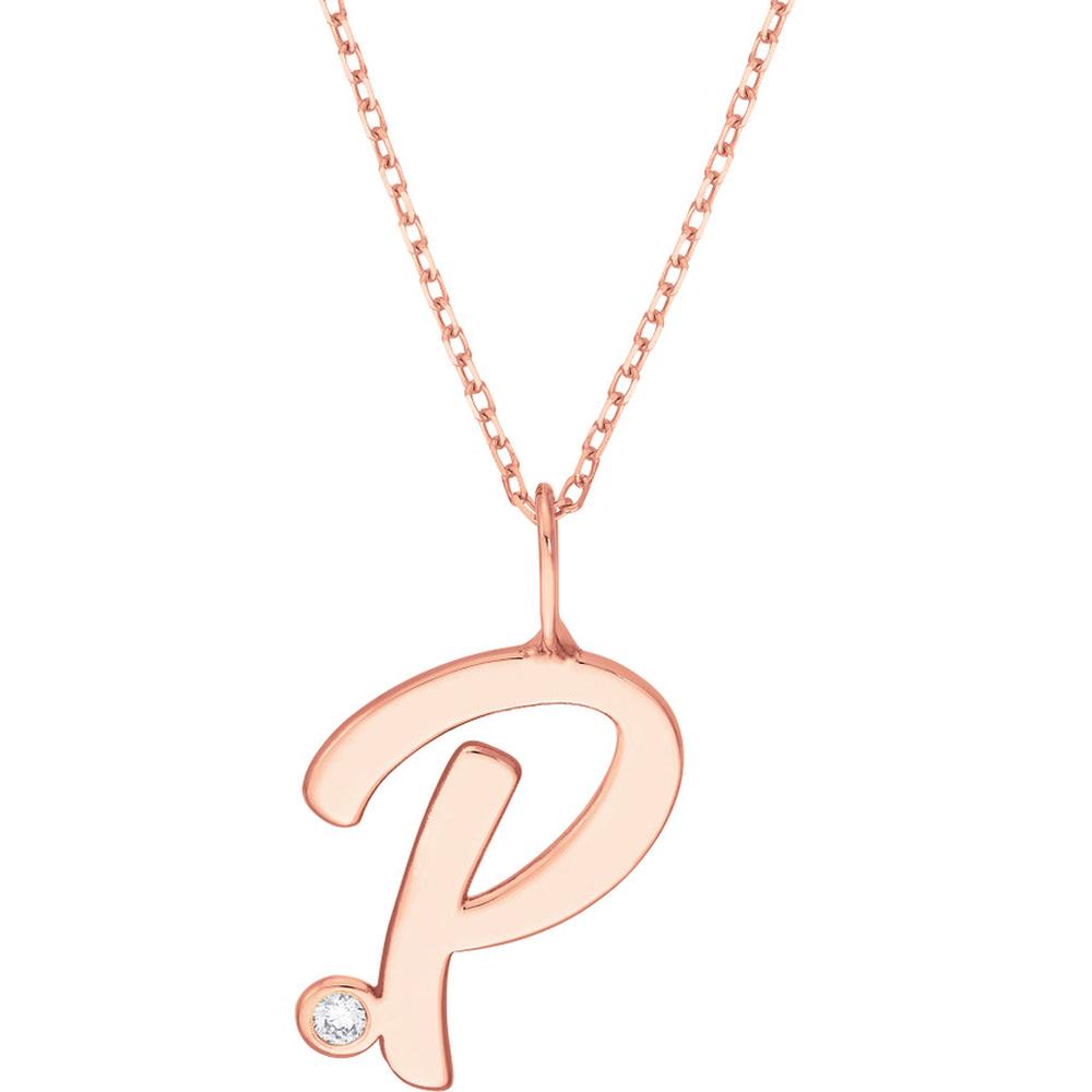 Olas d'Oro - 14K Rose Gold Script 'P' Diamond Bezel Pendant Necklace - 0.02 Carat Diamond Total Weight