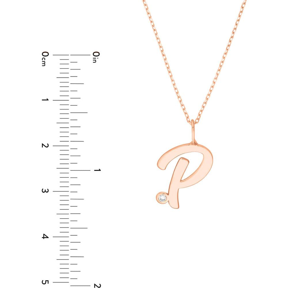 Olas d'Oro - 14K Rose Gold Script 'P' Diamond Bezel Pendant Necklace - 0.02 Carat Diamond Total Weight