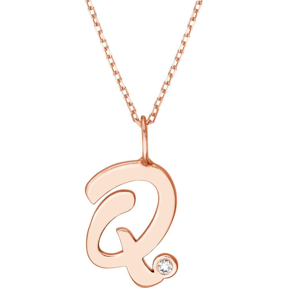 Olas d'Oro - 14K Rose Gold Script 'Q' Necklace with Diamond Bezel - 0.02 Carat Total Diamond Weight