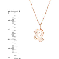 Olas d'Oro - 14K Rose Gold Script 'Q' Necklace with Diamond Bezel - 0.02 Carat Total Diamond Weight