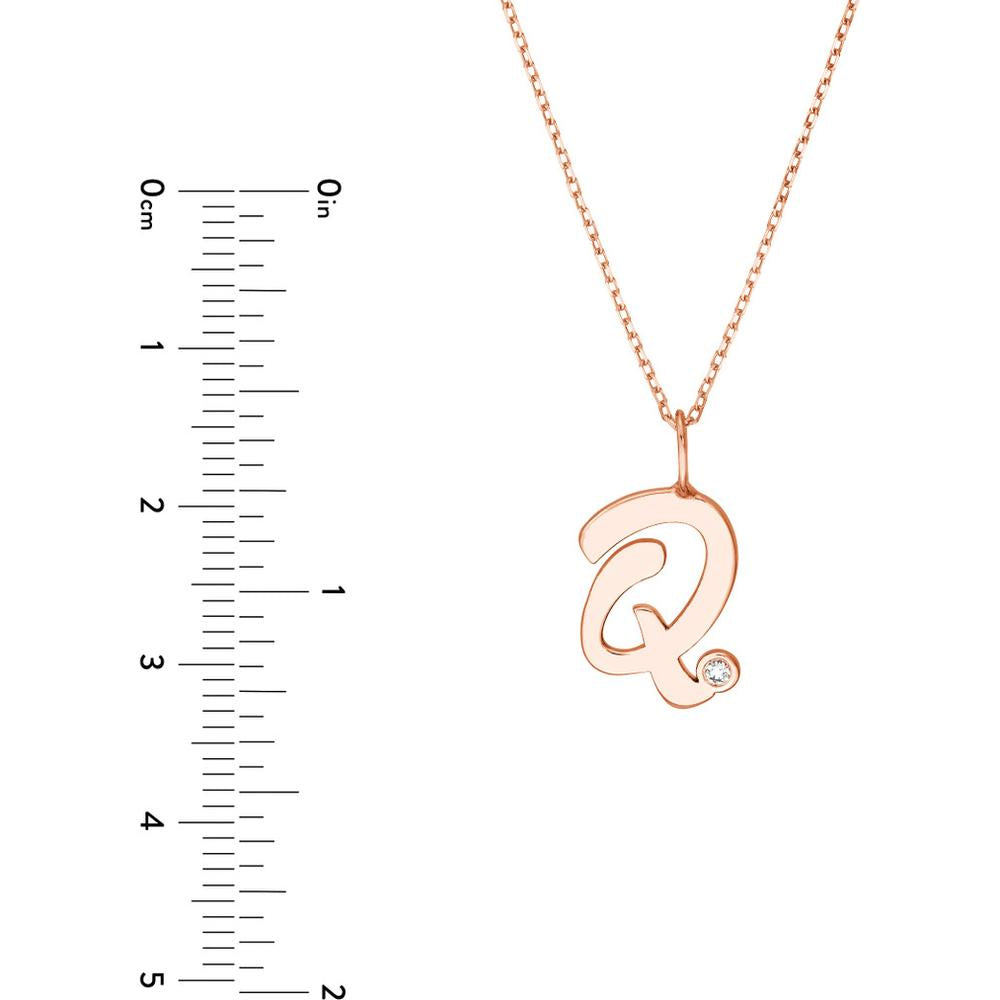 Olas d'Oro - 14K Rose Gold Script 'Q' Necklace with Diamond Bezel - 0.02 Carat Total Diamond Weight
