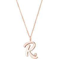 Olas d'Oro - 14K Rose Gold Script 'R' Pendant Necklace with Diamond Bezel - 0.02 Carat Total Diamond Weight