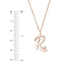 Olas d'Oro - 14K Rose Gold Script 'R' Pendant Necklace with Diamond Bezel - 0.02 Carat Total Diamond Weight