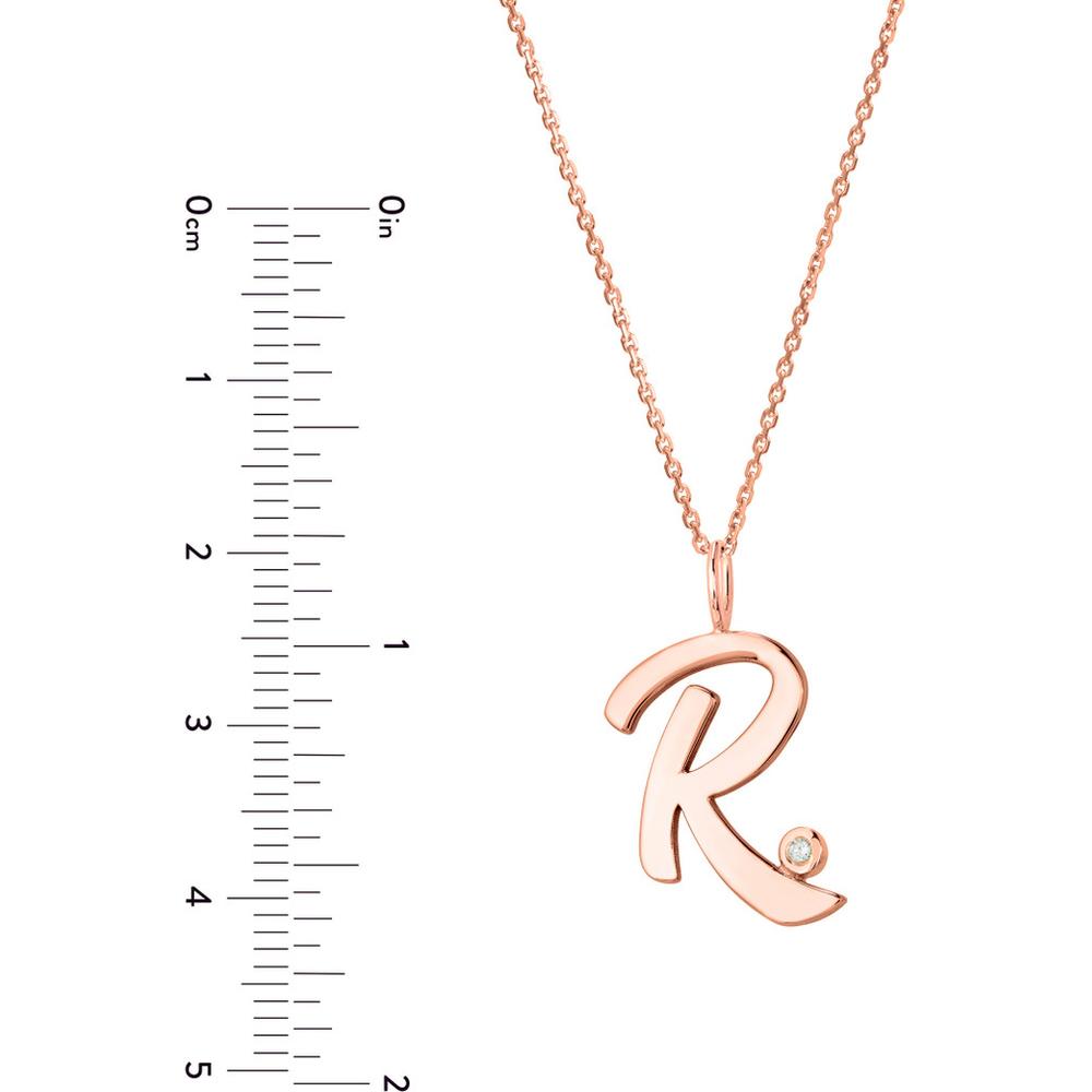 Olas d'Oro - 14K Rose Gold Script 'R' Pendant Necklace with Diamond Bezel - 0.02 Carat Total Diamond Weight