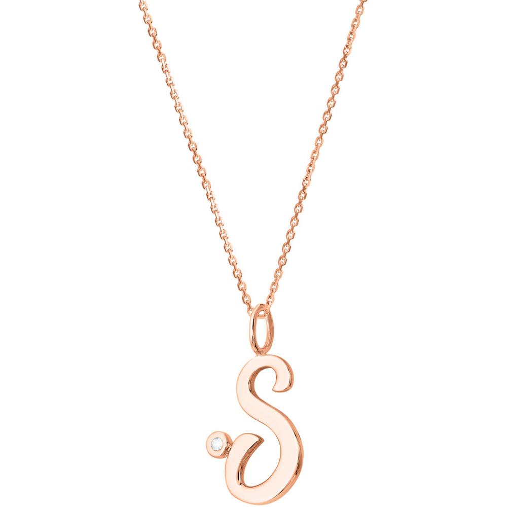 Olas d'Oro - 14K Rose Gold Script 'S' Diamond Bezel Necklace with Adjustable Chain - 0.02 Carat Diamond