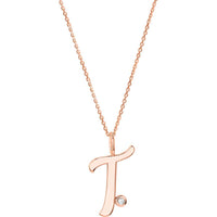 Olas d'Oro - 14K Rose Gold Script 'T' Necklace with Diamond Bezel - 0.02 Carat Diamond