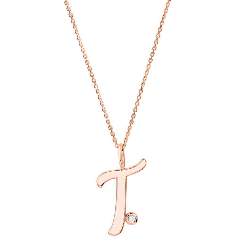 Olas d'Oro - 14K Rose Gold Script 'T' Necklace with Diamond Bezel - 0.02 Carat Diamond
