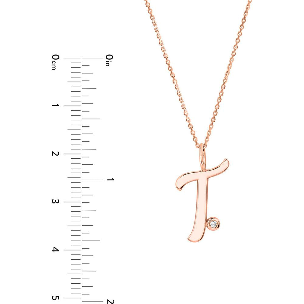 Olas d'Oro - 14K Rose Gold Script 'T' Necklace with Diamond Bezel - 0.02 Carat Diamond