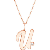 Olas d'Oro - 14K Rose Gold Script U Pendant Necklace with Bezel Set Diamond - 0.02 Carat Diamond