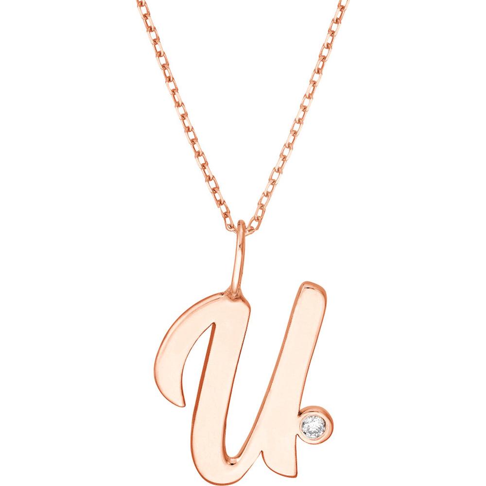 Olas d'Oro - 14K Rose Gold Script U Pendant Necklace with Bezel Set Diamond - 0.02 Carat Diamond
