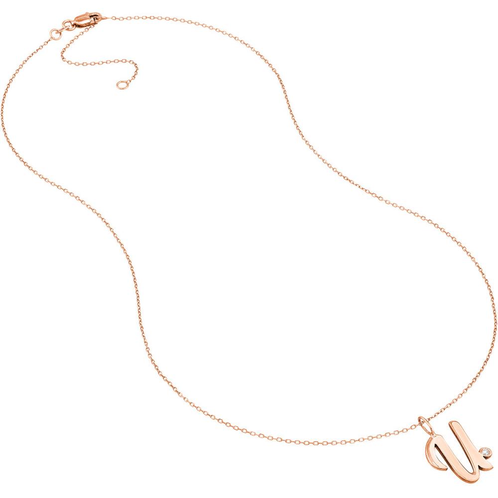Olas d'Oro - 14K Rose Gold Script U Pendant Necklace with Bezel Set Diamond - 0.02 Carat Diamond