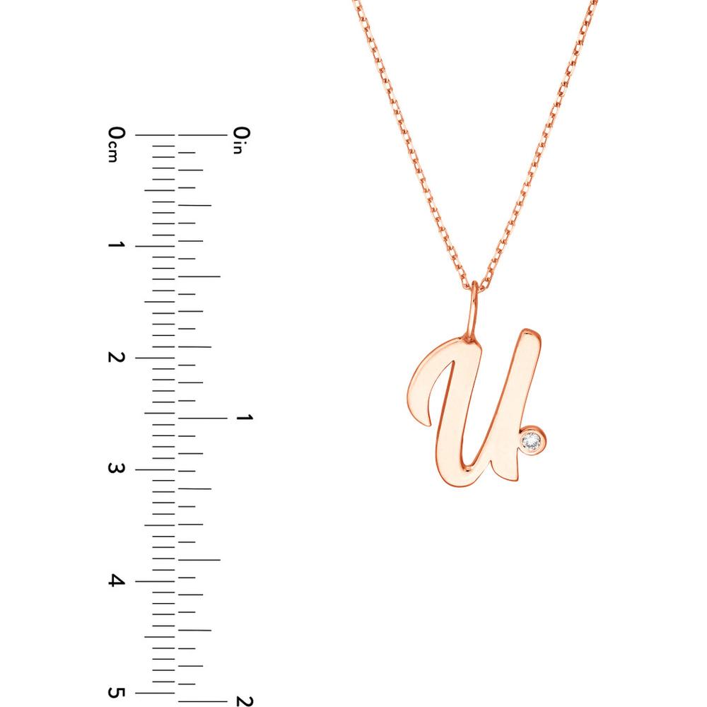 Olas d'Oro - 14K Rose Gold Script U Pendant Necklace with Bezel Set Diamond - 0.02 Carat Diamond
