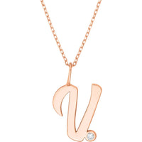 Olas d'Oro - 14K Rose Gold Script 'V' Pendant Necklace with Diamond Bezel - 0.02 Carat Total Diamond Weight
