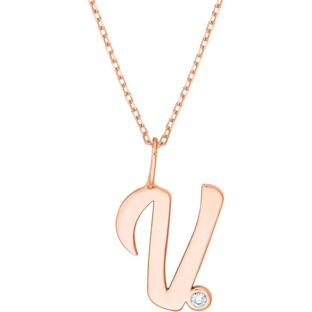 Olas d'Oro - 14K Rose Gold Script 'V' Pendant Necklace with Diamond Bezel - 0.02 Carat Total Diamond Weight