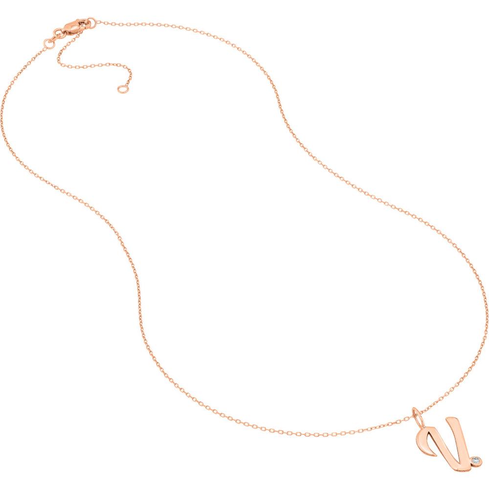Olas d'Oro - 14K Rose Gold Script 'V' Pendant Necklace with Diamond Bezel - 0.02 Carat Total Diamond Weight