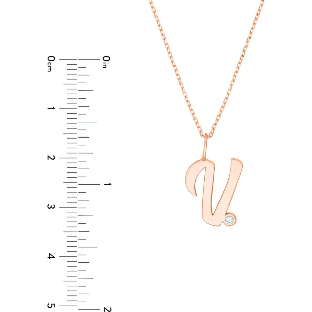 Olas d'Oro - 14K Rose Gold Script 'V' Pendant Necklace with Diamond Bezel - 0.02 Carat Total Diamond Weight