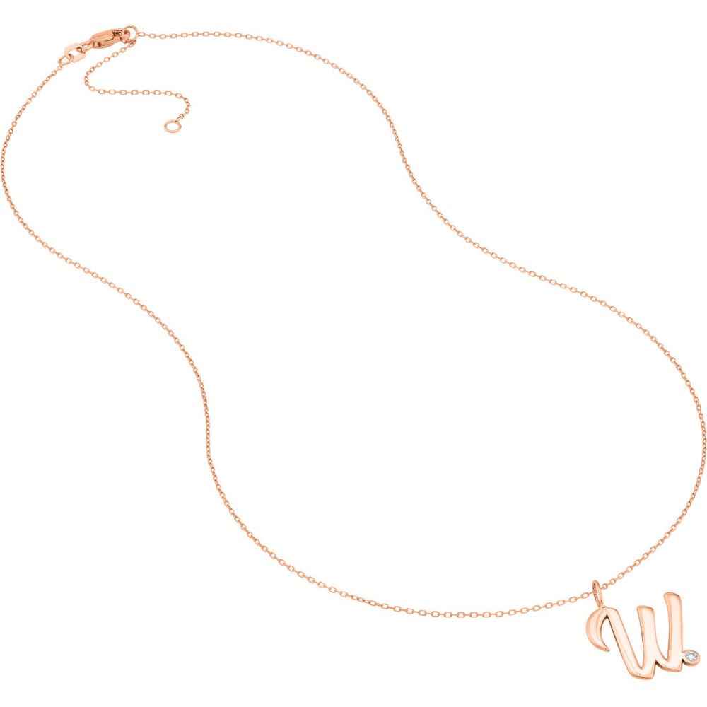 Olas d'Oro - 14K Rose Gold Script 'W' Necklace with 1.7mm Diamond Bezel - 0.02 Carat Diamond Total Weight