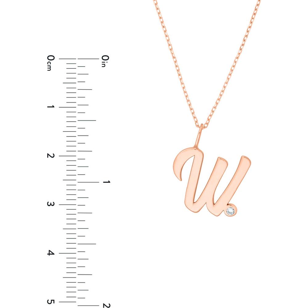 Olas d'Oro - 14K Rose Gold Script 'W' Necklace with 1.7mm Diamond Bezel - 0.02 Carat Diamond Total Weight