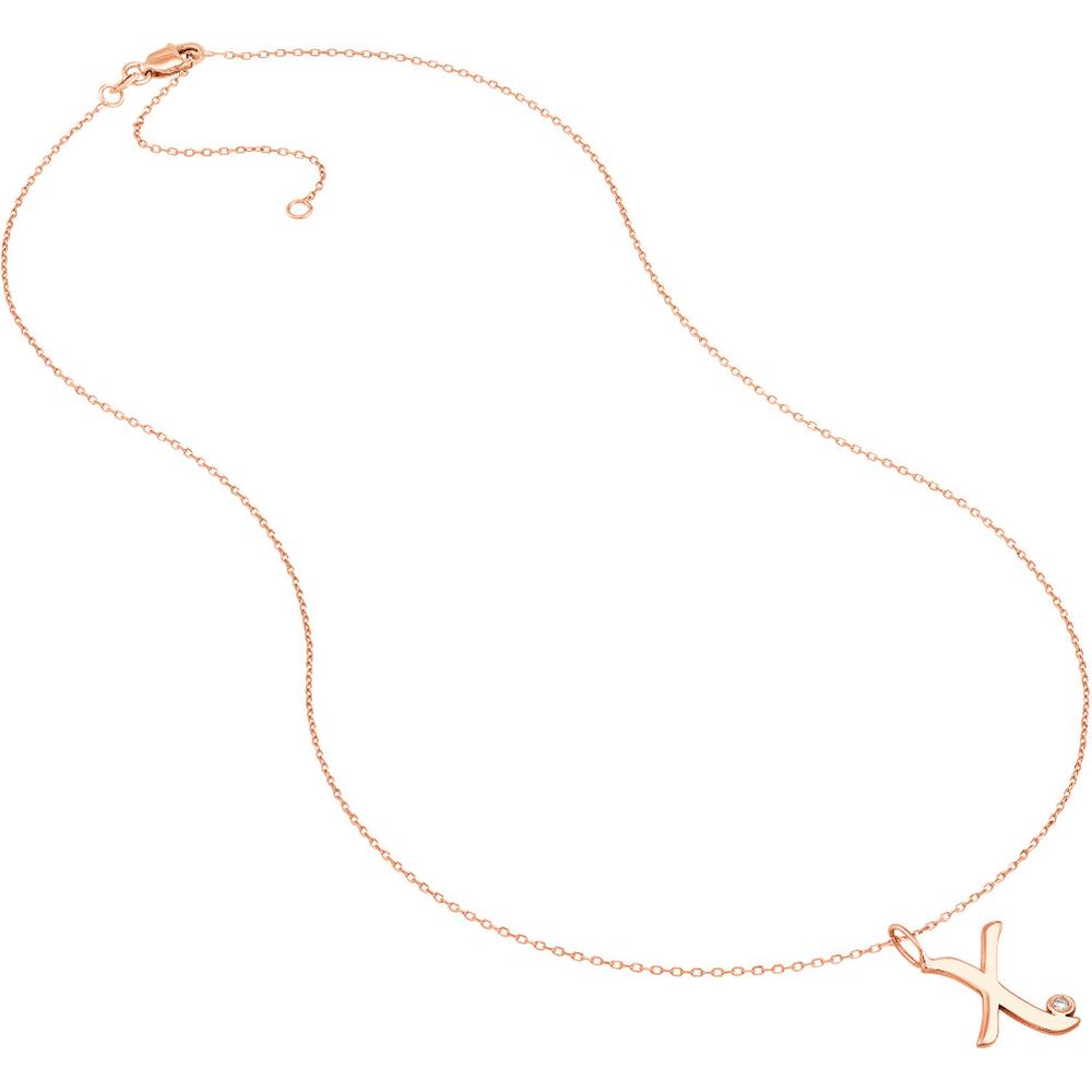 Olas d'Oro - 14K Rose Gold Script 'X' with Diamond Bezel Pendant Necklace - 0.02 Carat Diamond