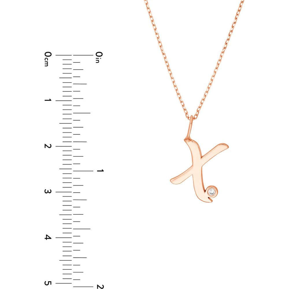 Olas d'Oro - 14K Rose Gold Script 'X' with Diamond Bezel Pendant Necklace - 0.02 Carat Diamond