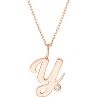 Olas d'Oro - 14K Rose Gold Script 'Y' Necklace with Bezel-Set Diamond - 0.02 Carat Total Diamond Weight