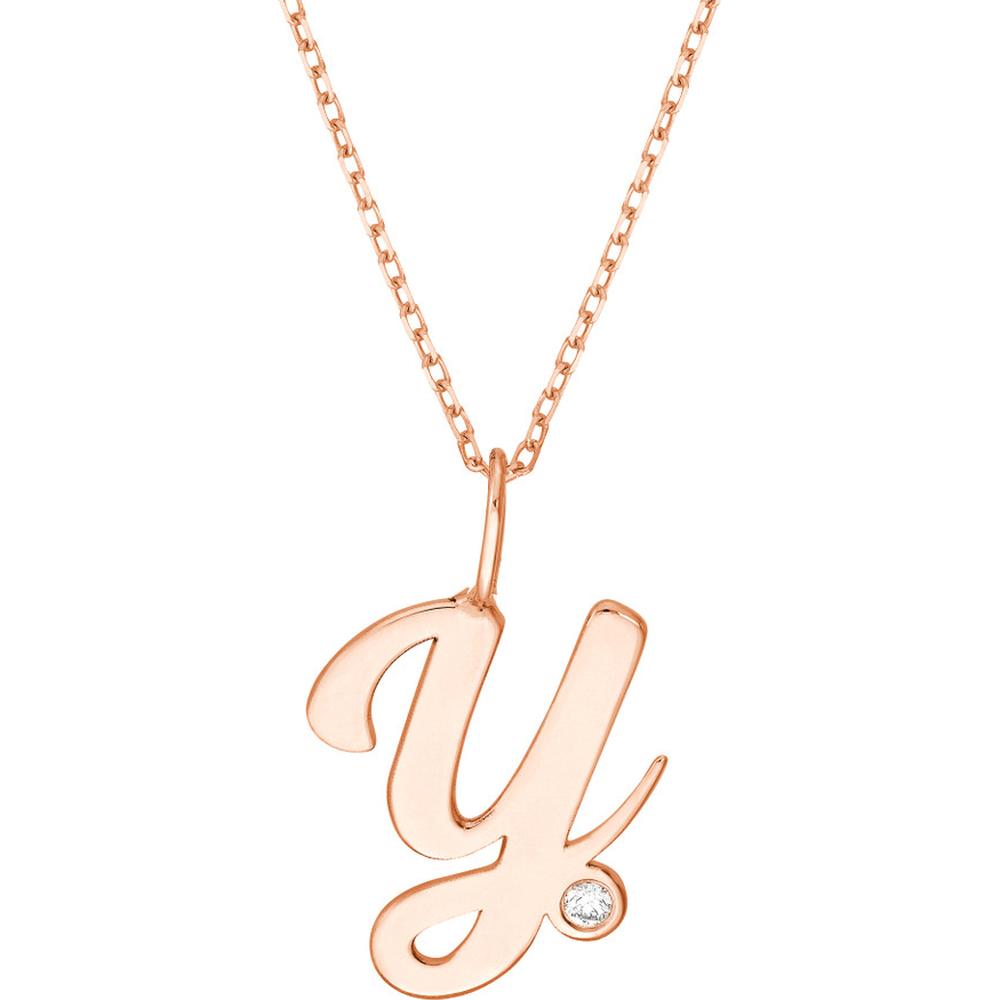 Olas d'Oro - 14K Rose Gold Script 'Y' Necklace with Bezel-Set Diamond - 0.02 Carat Total Diamond Weight