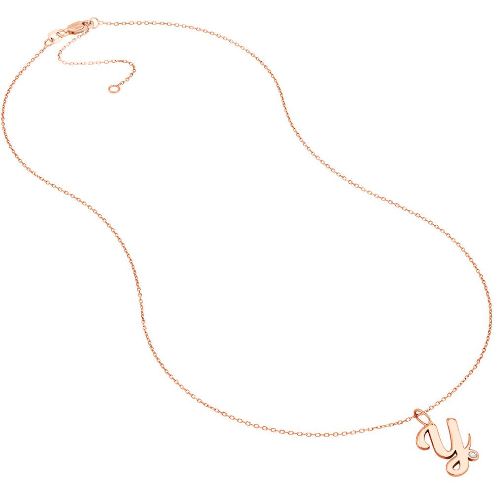 Olas d'Oro - 14K Rose Gold Script 'Y' Necklace with Bezel-Set Diamond - 0.02 Carat Total Diamond Weight