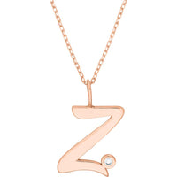 Olas d'Oro - 14K Rose Gold Script 'Z' Pendant Necklace with 1.7mm Diamond Bezel - 0.02 Carat Diamond Weight