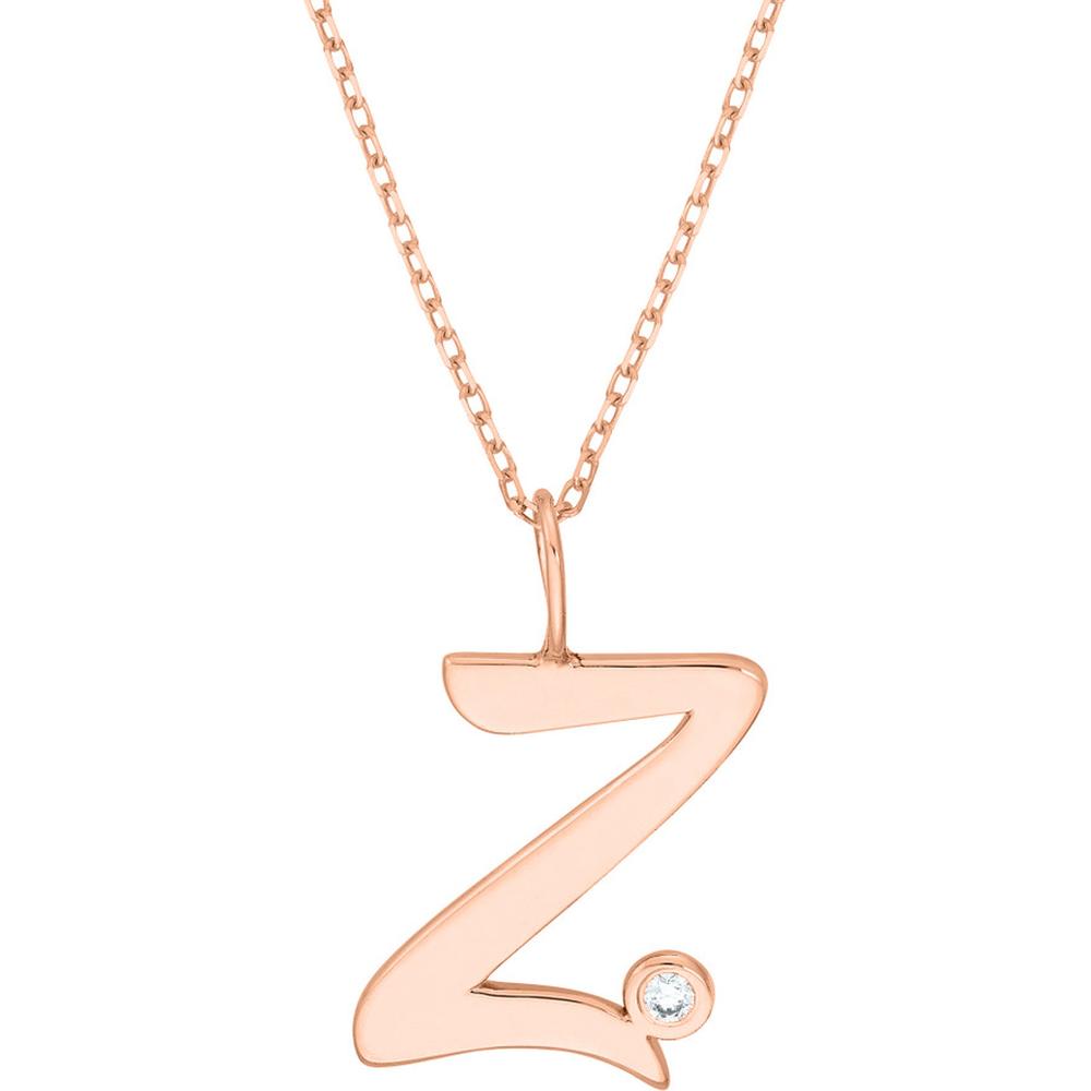 Olas d'Oro - 14K Rose Gold Script 'Z' Pendant Necklace with 1.7mm Diamond Bezel - 0.02 Carat Diamond Weight