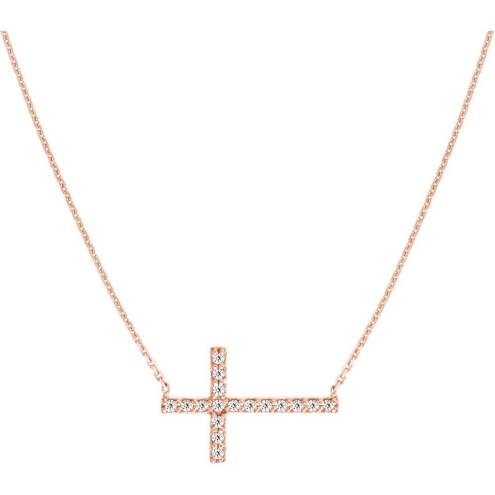 Olas d'Oro - 14K Rose Gold Sideways Cross Necklace with 1/5 Carat Diamond Elegant Faith Jewelry