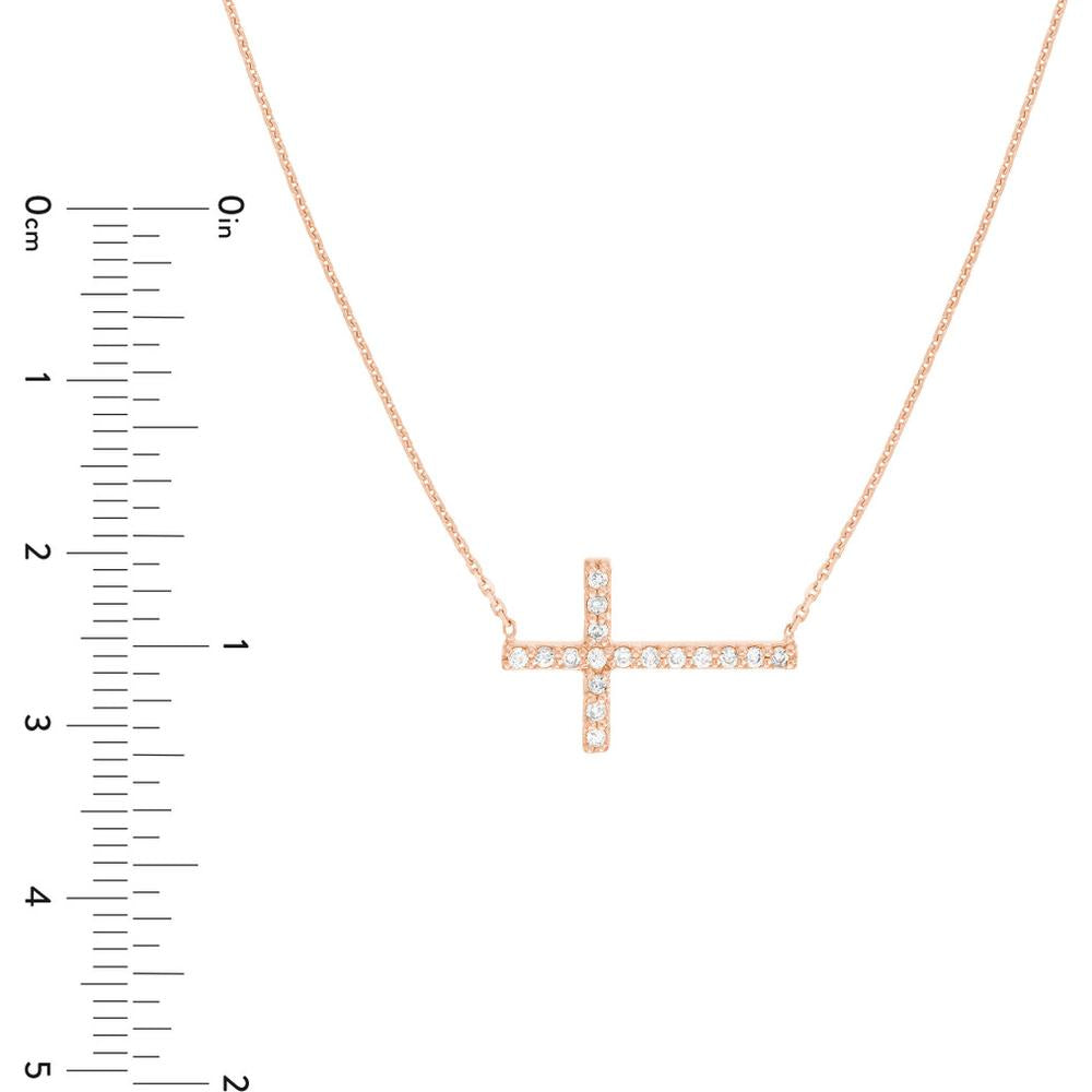 Olas d'Oro - 14K Rose Gold Sideways Cross Necklace with 1/5 Carat Diamond Elegant Faith Jewelry