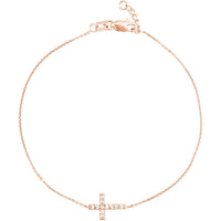 Olas d'Oro - 14K Rose Gold Sideways Mini CZ Cross Adjustable Bracelet - 1.21 Grams Total Weight