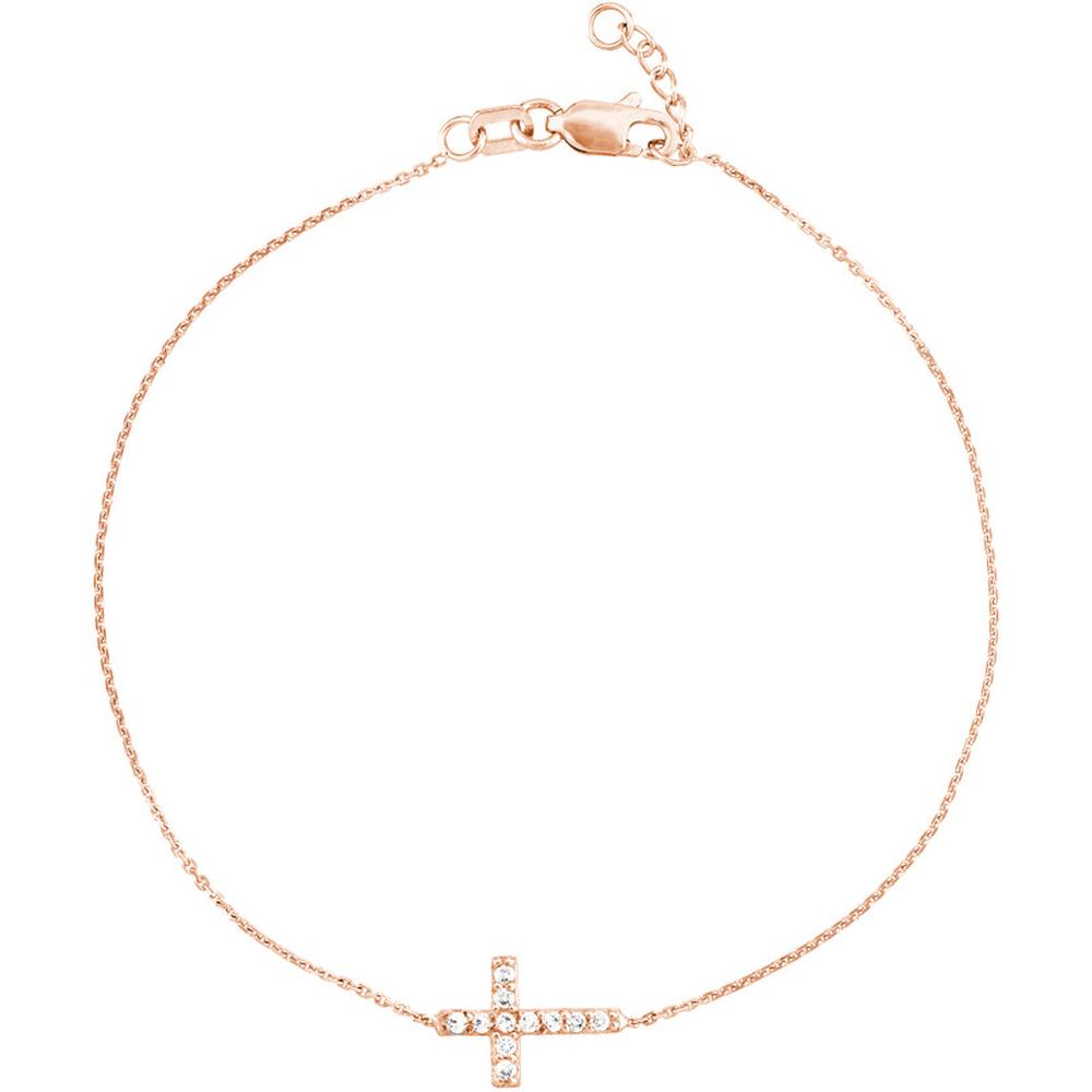 Olas d'Oro - 14K Rose Gold Sideways Mini CZ Cross Adjustable Bracelet - 1.21 Grams Total Weight