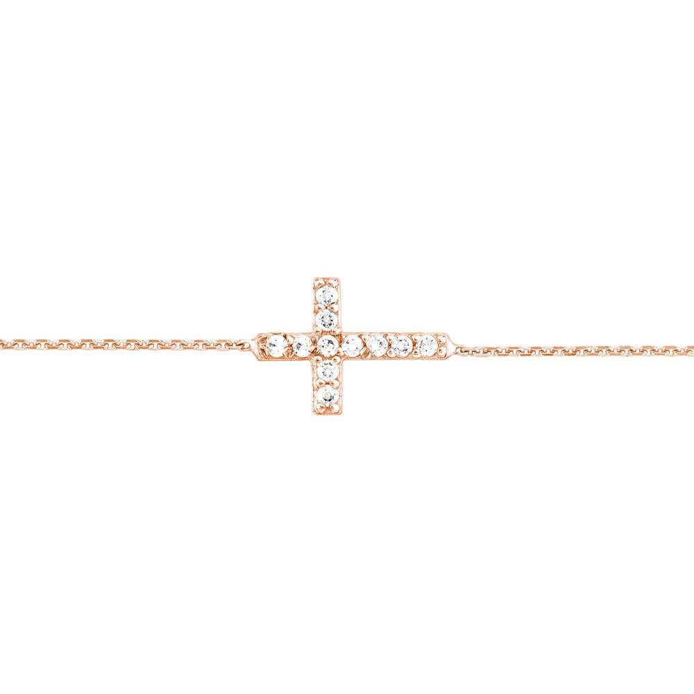 Olas d'Oro - 14K Rose Gold Sideways Mini CZ Cross Adjustable Bracelet - 1.21 Grams Total Weight
