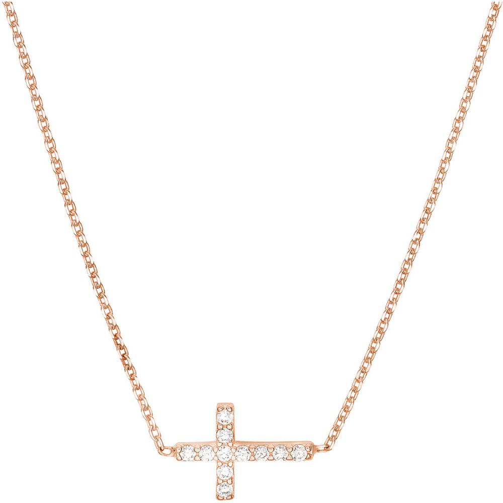 Olas d'Oro - 14K Rose Gold Sideways Mini CZ Cross Adjustable Necklace