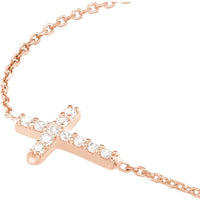Olas d'Oro - 14K Rose Gold Sideways Mini CZ Cross Adjustable Necklace