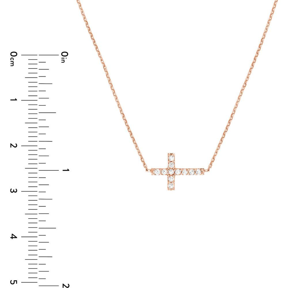 Olas d'Oro - 14K Rose Gold Sideways Mini CZ Cross Adjustable Necklace