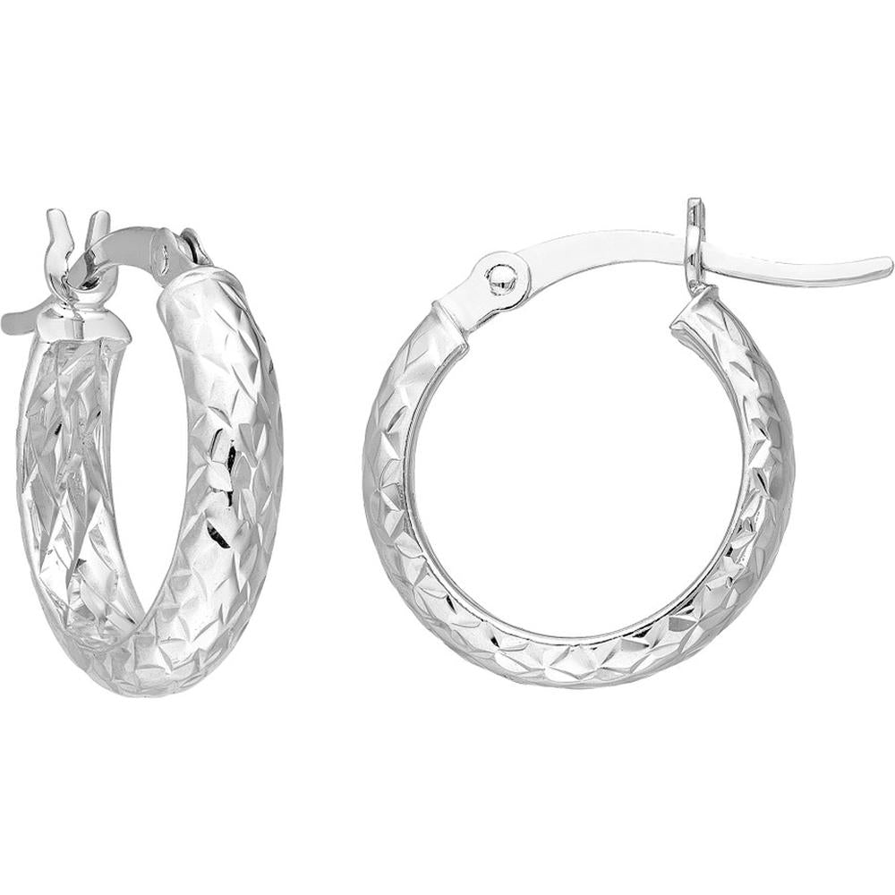Olas d'Oro - 14K White Gold 15mm Diamond-Cut Hoop Earrings with Hinge Closure