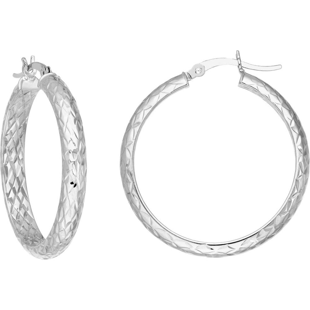 Olas d'Oro - 14K White Gold 30mm Diamond-Cut Hoop Earrings with Hinge Closure - 3.60 Grams Total Weight